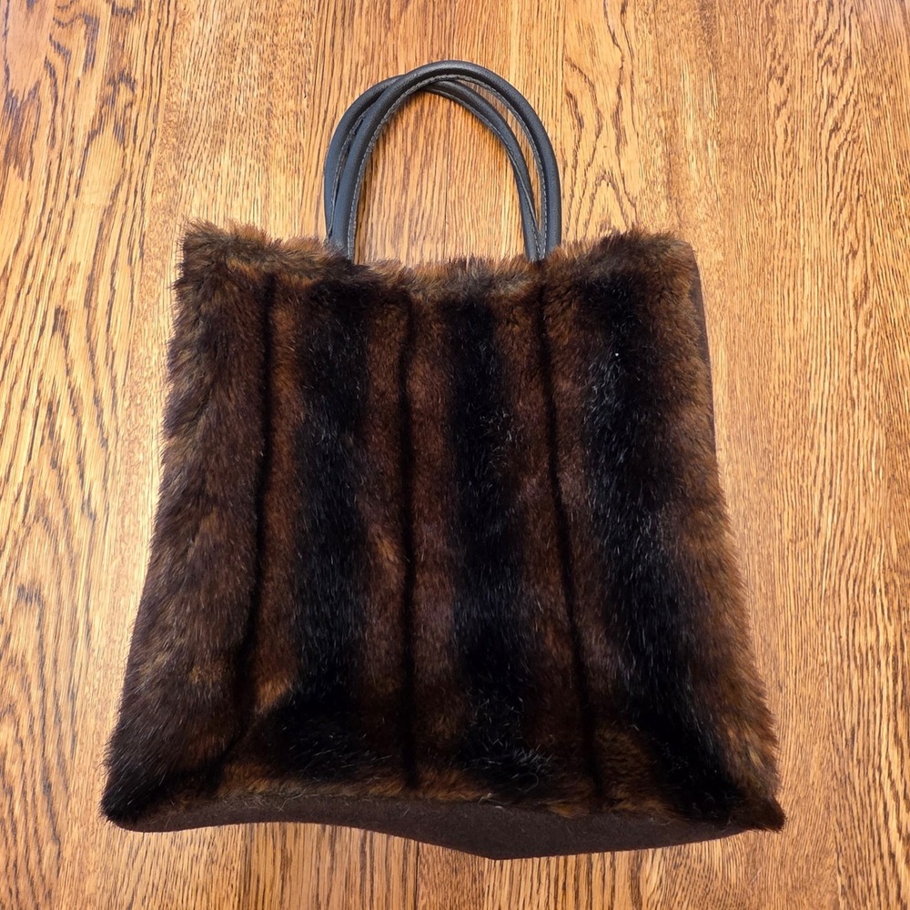 Everwood Fourrure Paris Vintage Faux Fur Tote Bag Brown Black Plush  Handbag